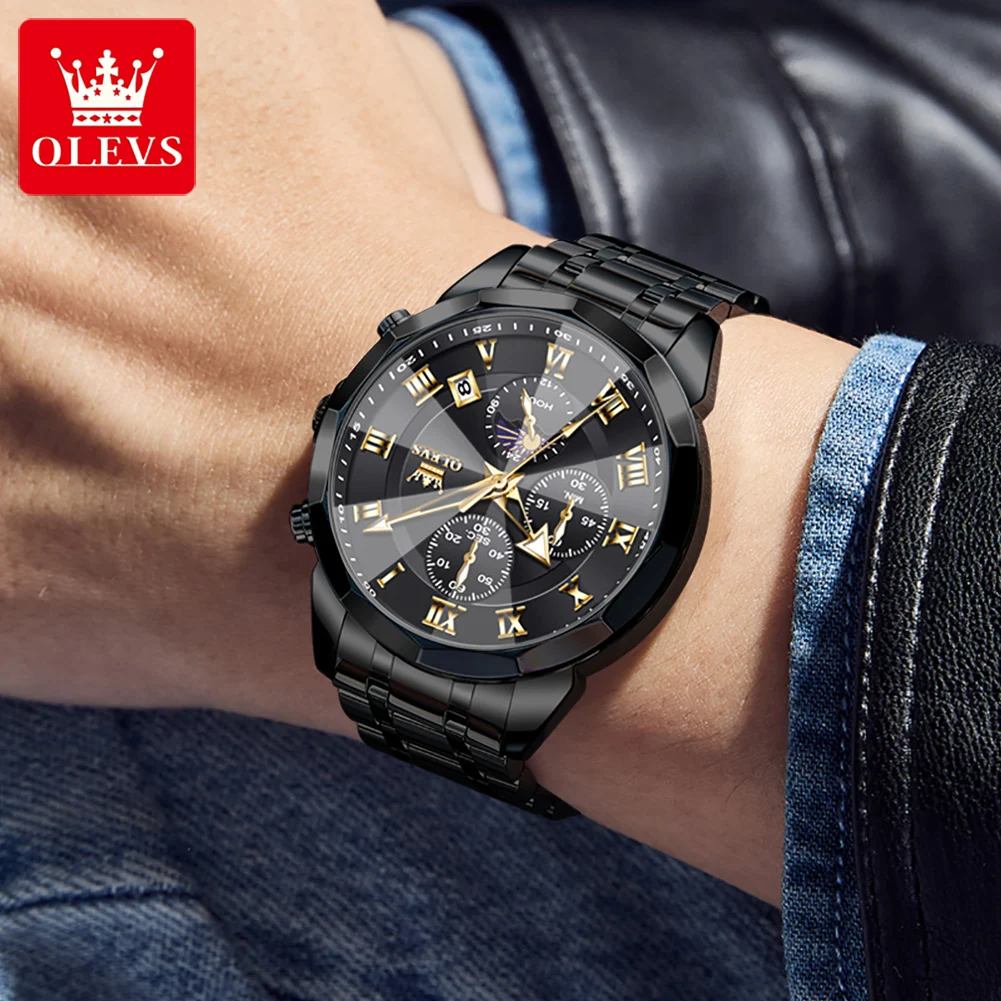 OLEVS 3675 Mens Watch Original Multifunctional Chronograph Quartz Watch Moon Phase Watches For Men Waterproof Mens Gifts Reloj