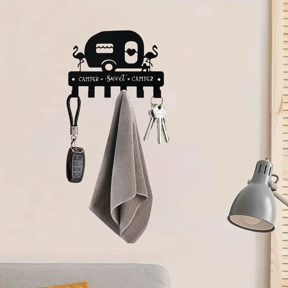2D Camping Decor, Metal Key Rack Hanger with 6 Hooks, Camper Gifts, Rustic RV Storage Camper Key Holder for Wall Decorative