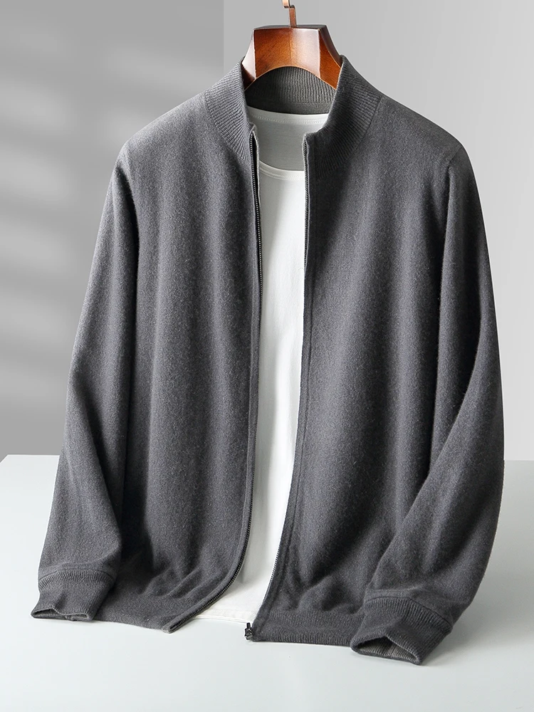 Autumn Winter Men 100% Merino Wool Stand up Collar Knit Cardigan Sweater Double-sided Thickening Zip-up Cashmere Sweat