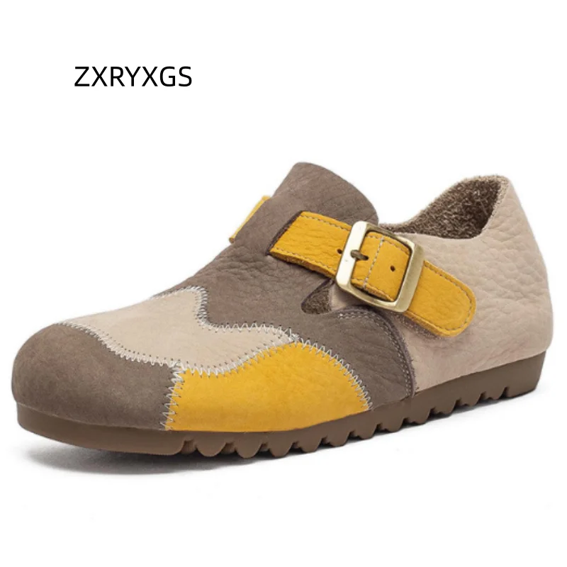 ZXRYZGS 2026 autumn Spell Color Splicing Full Genuine Leather Shoes Flat Shoes Fashion Casual Sneakers Temperament Trendy Shoes