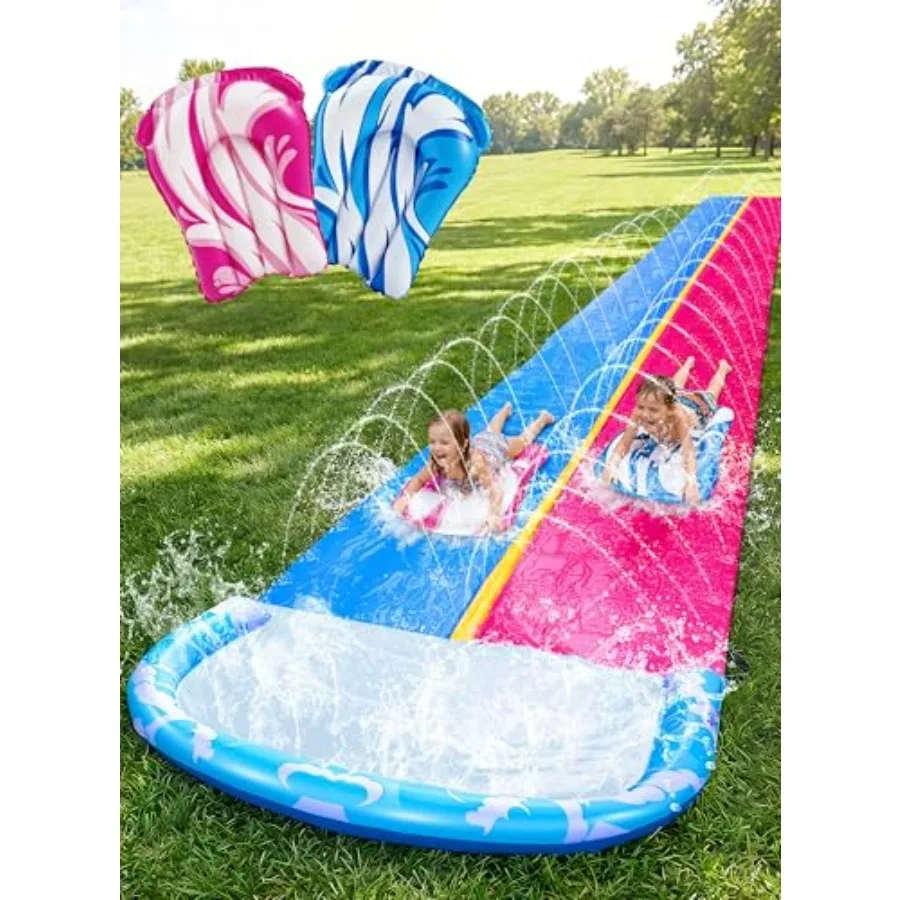 

Backyard summer water toy: 22.5FT heavy-duty inflatable water slide with sprinkler, blue and pink, includes 2 inflatable boards