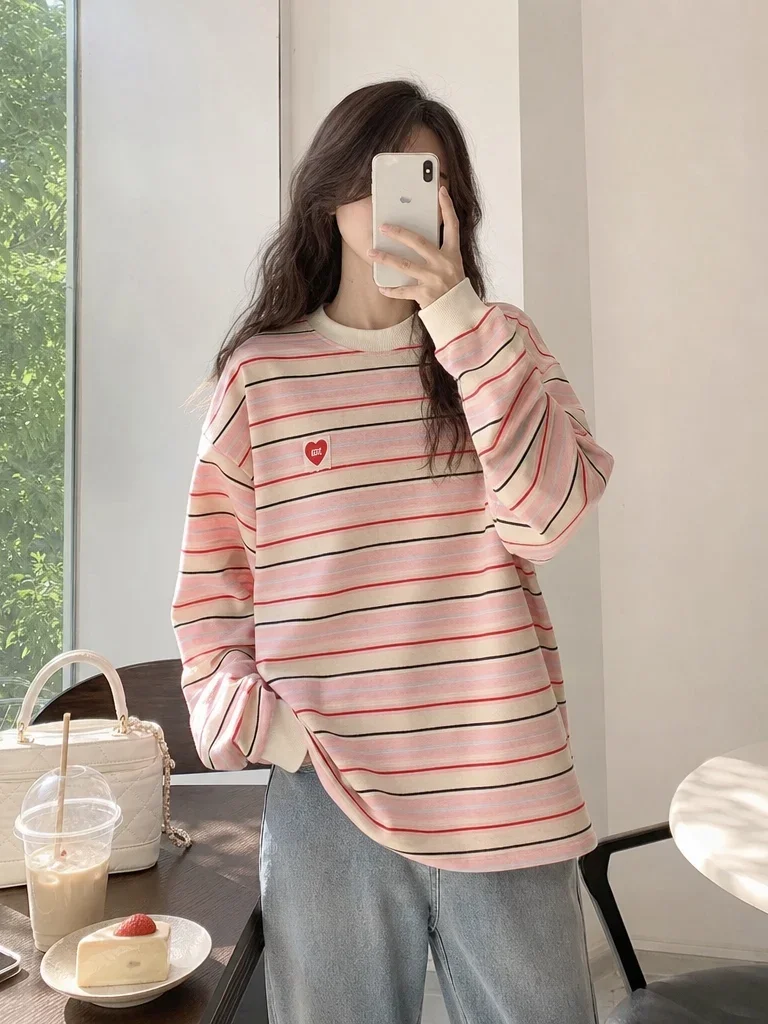 Women's Colorful Striped Crew Neck Sweatshirt HeartLong Sleeve Loose Oversized Pullover Korean Style Casual Streetwear Tops