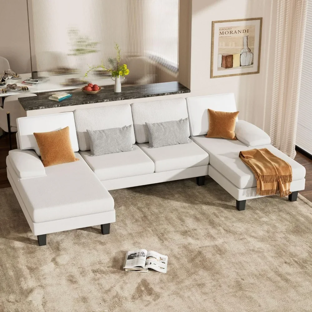 Living Room Sofa Sectional Couch Chenille Fabric U-Shaped Sofas with Double Chaises, White Living Room Sofa