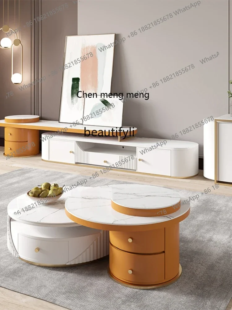 cn8350 LHY yj Light Luxury Stone Plate Bright Light Coffee Table TV Cabinet Combination Retractable Home Living Room round Tea T