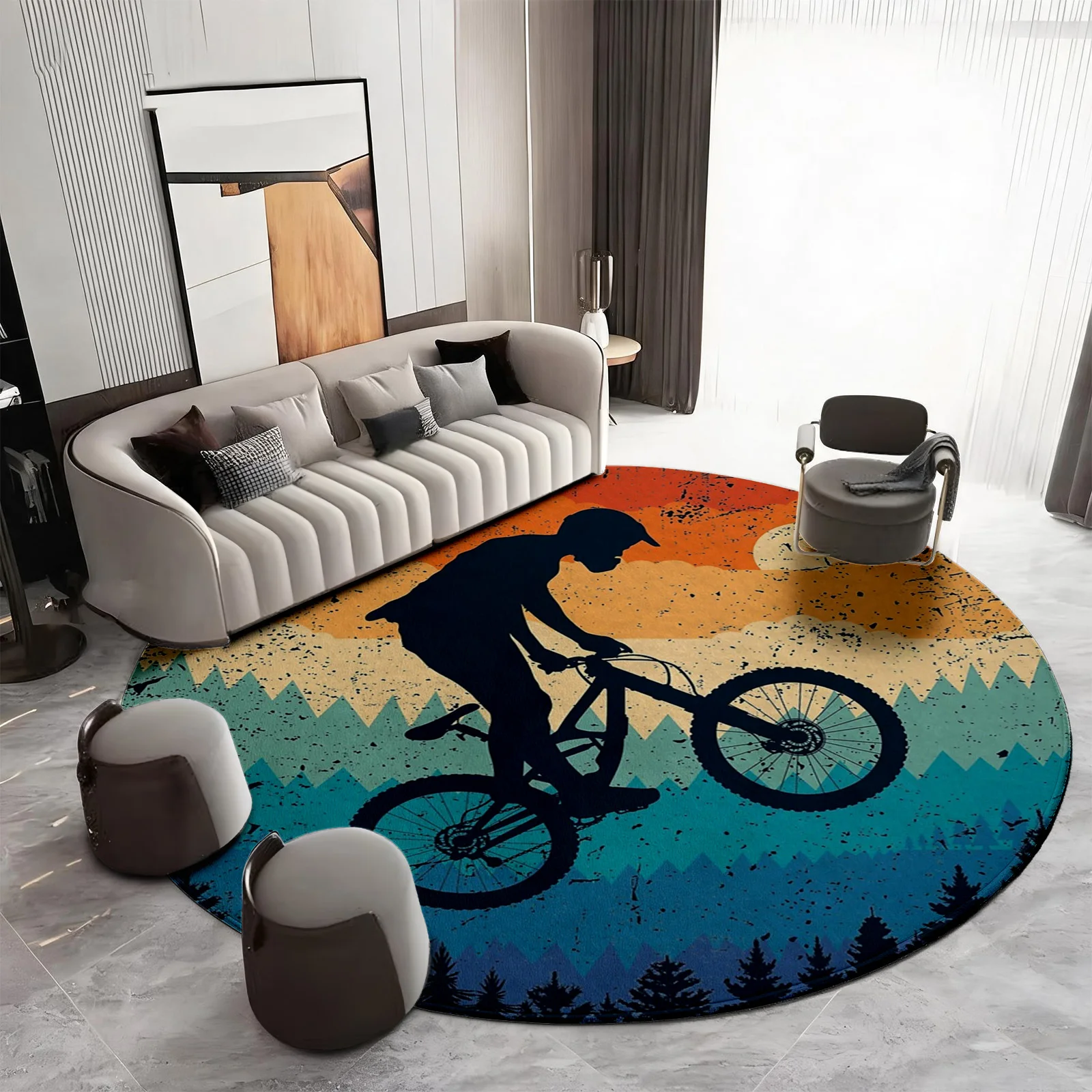 Round Bohemian Area Rug Boho Sunset Cycling Biker Retro Vintage Gradient Floor Mat for Living Room Boho Nursery Decor Accent Rug