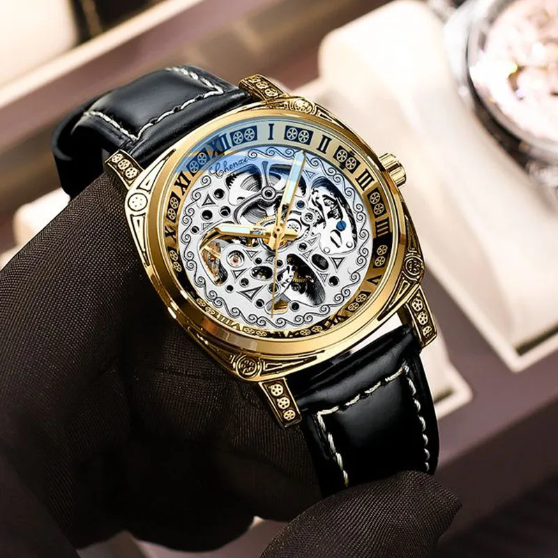 

2023 New Fashion Vintage Carved Watch Men Skeleton Watches CHENXI Leather Band Automatic Winding Mechanical Wristwatches Men