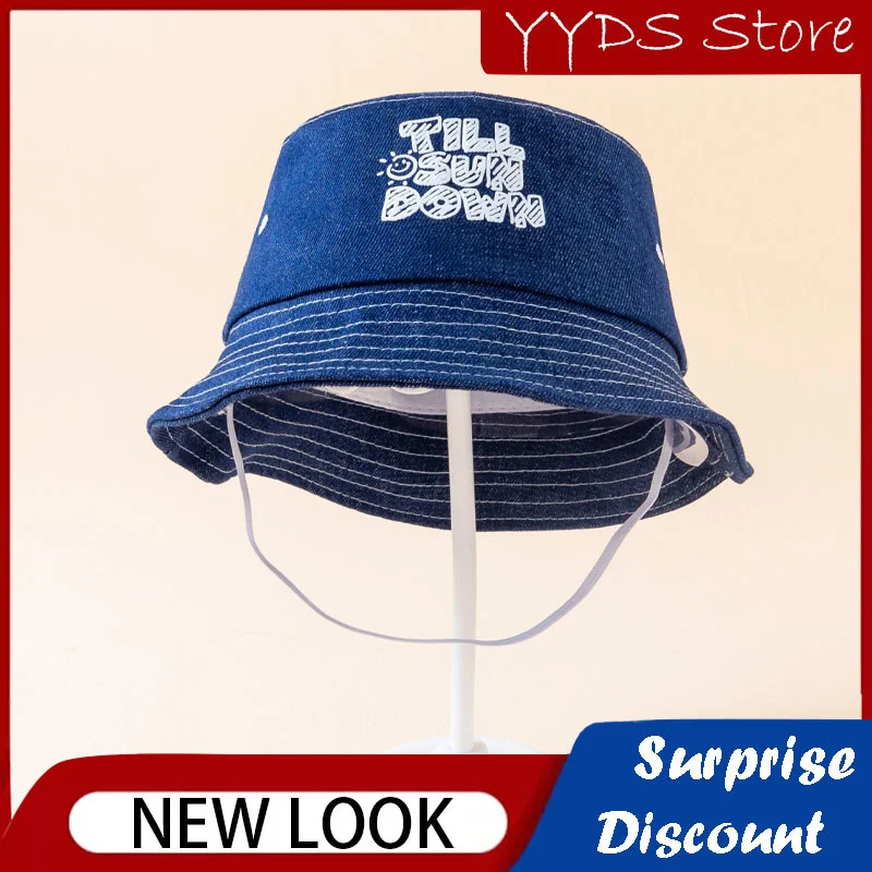 

Summer Children's Denim Fisherman Hat Letter Embroidery Denim Blue Sun Hat Sunshade Sunscreen Male and Female Baby Fishing Hat