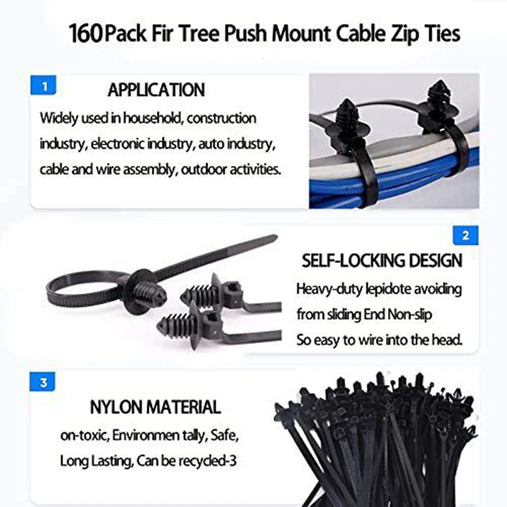 160Pcs Car Universal Nylon Push Mount Cable Zip Ties Wrap Fixed Fastener Clips Mount Wire Self Locking Wire Strap Fastening Zip