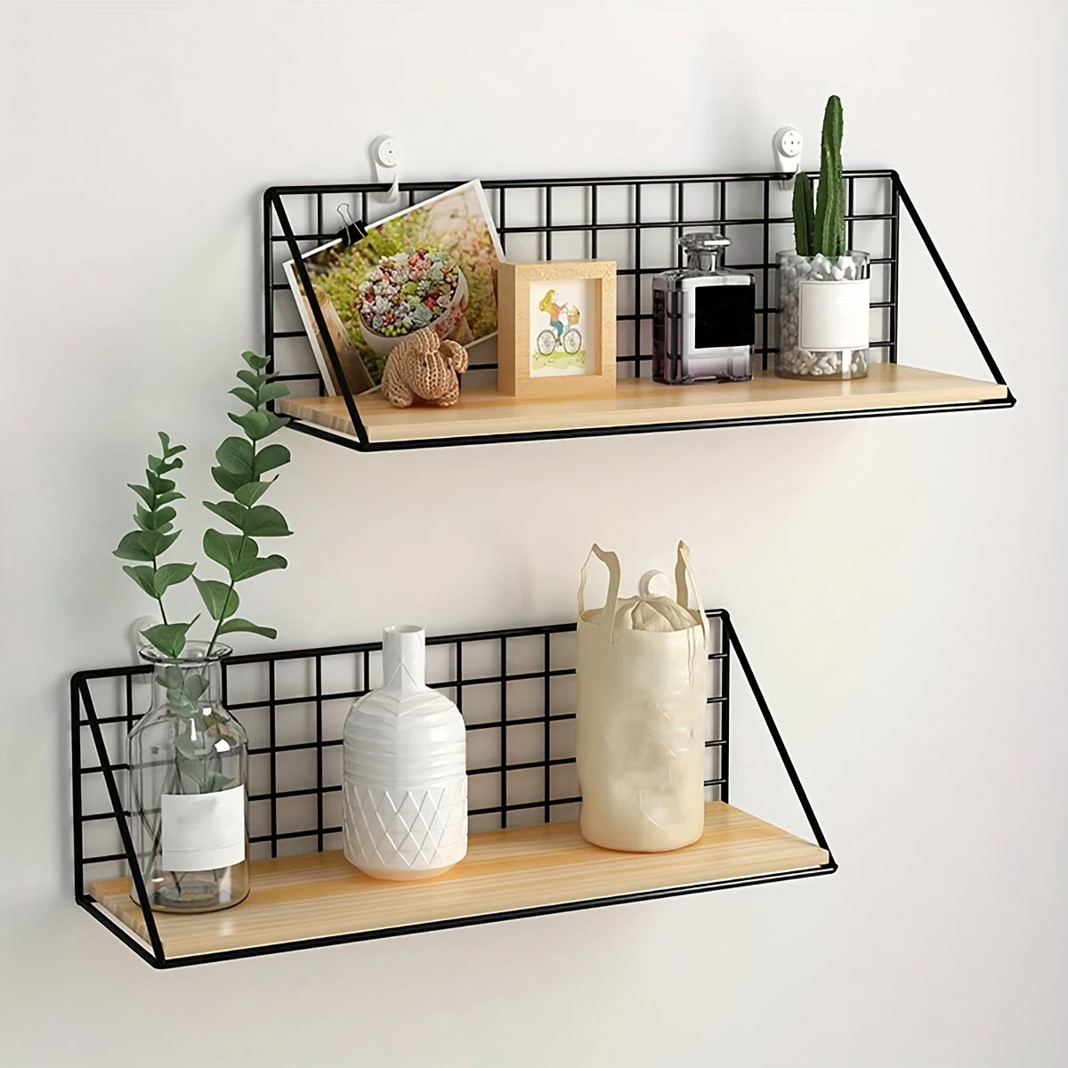 Floating Shelves Wall Mounted Wood Storage Display Shelf with Metal Wire Basket Hanging Rack for College Drom Bedroom Bathroom