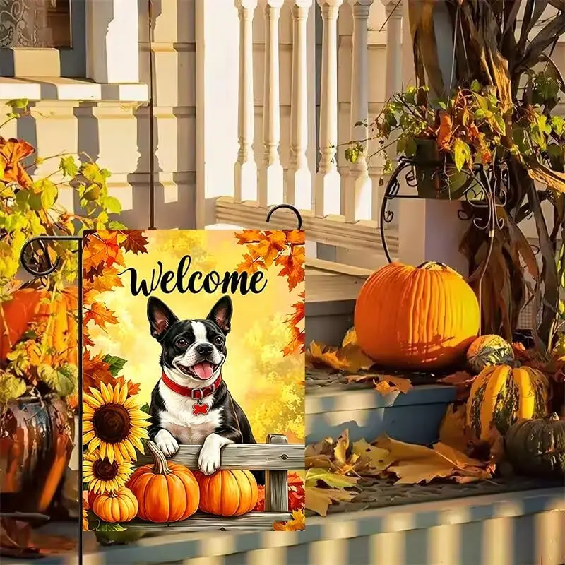 Fall Boston Terrier Dog Garden Flags 12x18 Double Sided | Small Burlap Holiday Autumn Cardinal Pumpkin Leaves Welcome Garden xxl