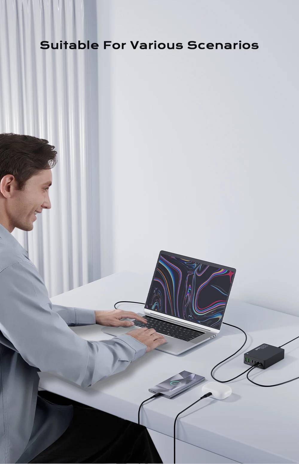 220W GaN Desktop-Ladegerät mit 6 Anschlüssen, PD 100W USB Typ C QC 3.0 Schnellladestation für iPhone 17 Pro, Tablet, MacBook, Samsung Laptop – Detail 7