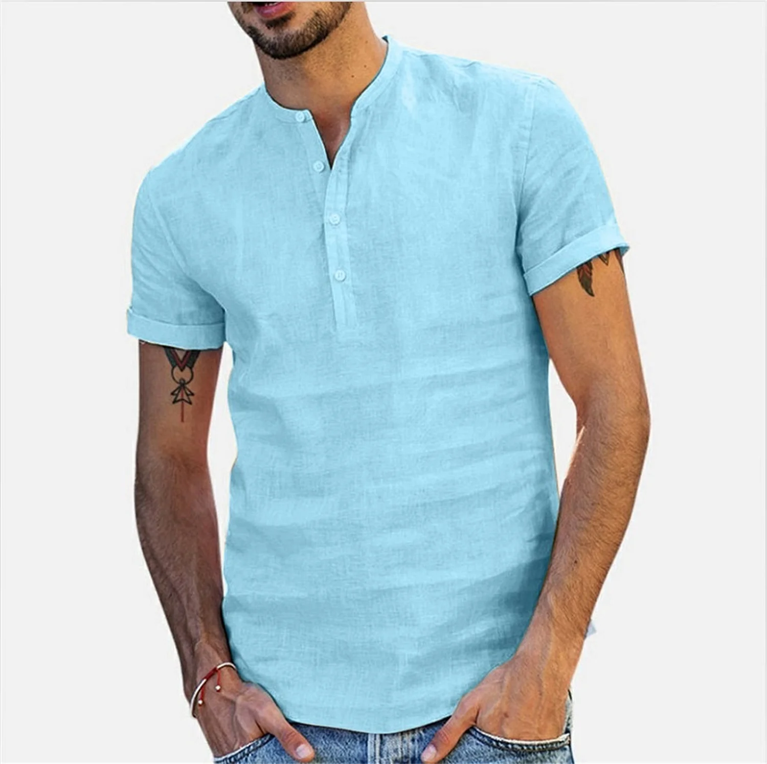 Summer Men‘s Stand collar Cotton-Linen Quality Casual Fashion Shirt For Men