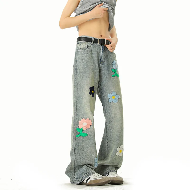 Blue Jeans Men Fashion Casual Straight Jeans Streetwear Hip-hop Loose Flower Jeans Mens Vintage Denim Pants Man Trousers