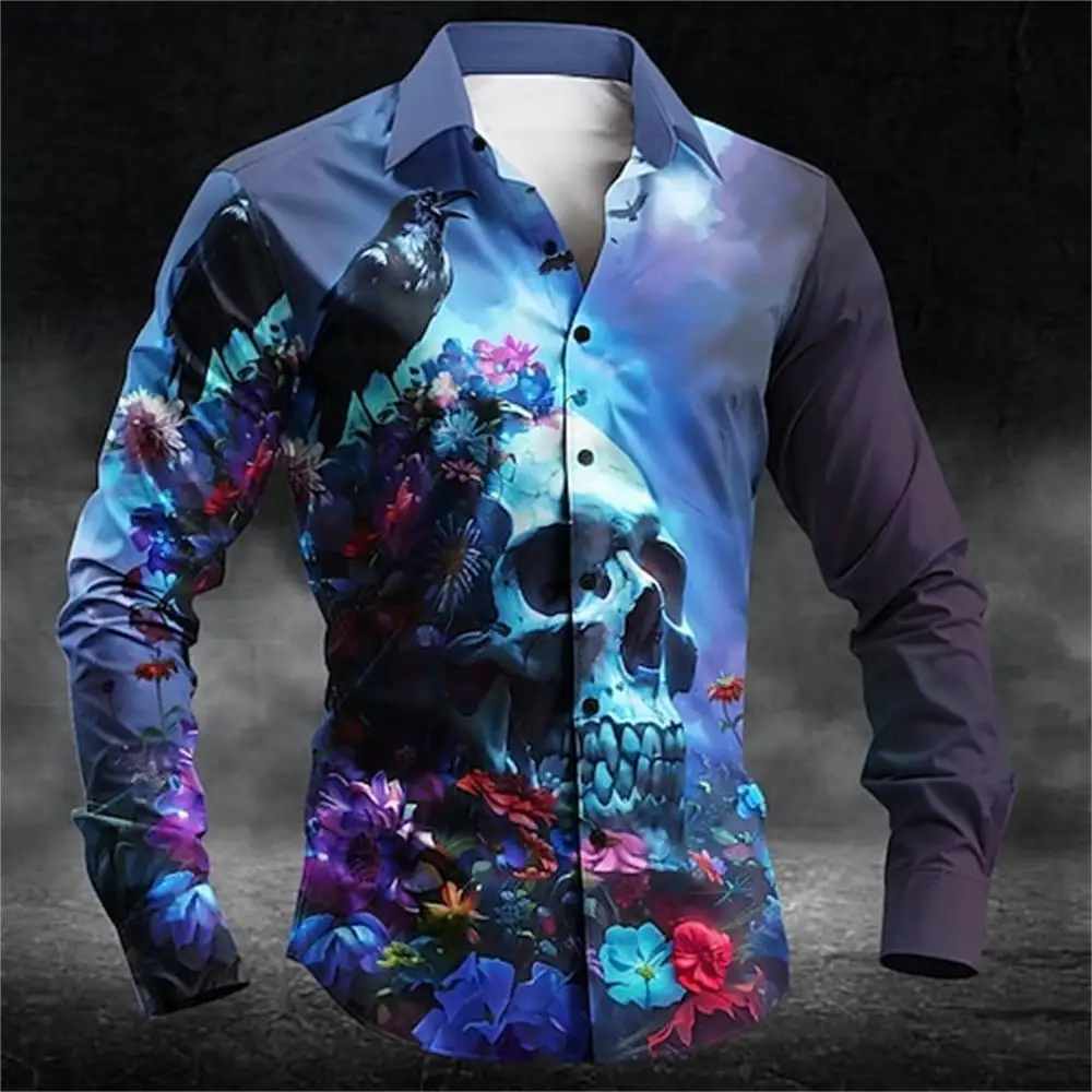 

New fashionable men's long sleeved shirt with 3D printed pattern, men's lapel button casual plus size shirt