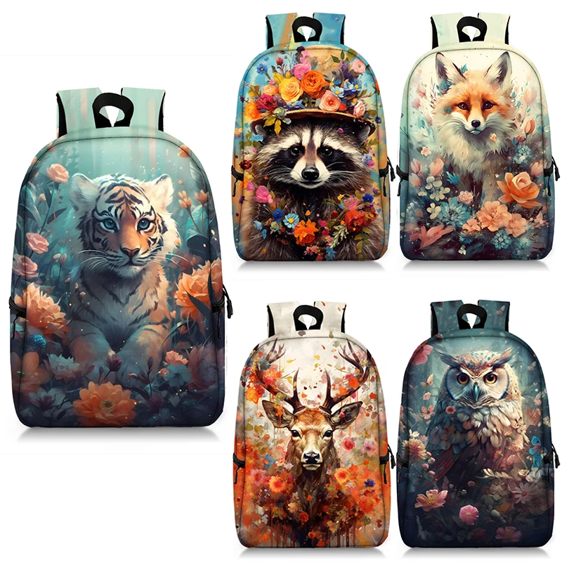 Cute Animals Tiger Fox Raccoon Pattern Backpack Women Rucksacks Children School Bag for Teenager Daypack Canvas Laptop Backpacks