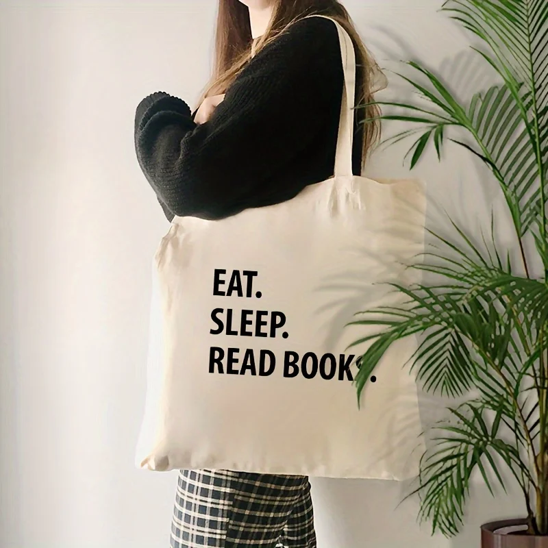 1pc Eat, Sleep, Read Books, Canvas Tote Bag - Stylish White Shoulder Bag with Black Font, Foldable Lightweight Design, Book Love