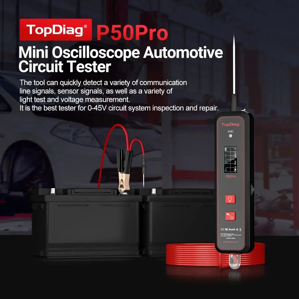 Topdiag P50pro JDiag Mini Oscilloscope Automotive Circuit Tester Multifunctional 0-45V Circuit System Electrical Detector tools