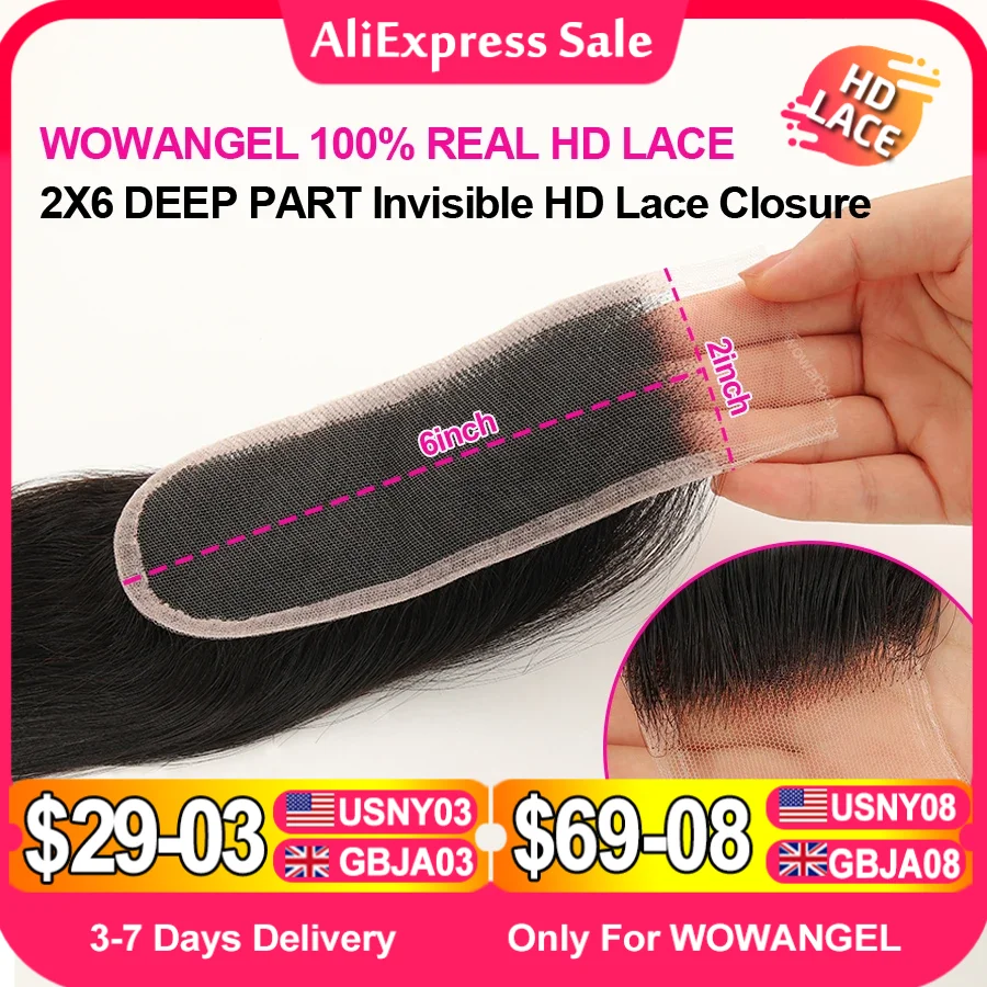 WOWANGEL 2x6 Deep Parting HD Lace Closure Frontal Only Melt Skin Straight Hair Kim K Closure Pre Plucked Virgin Hair For Woman