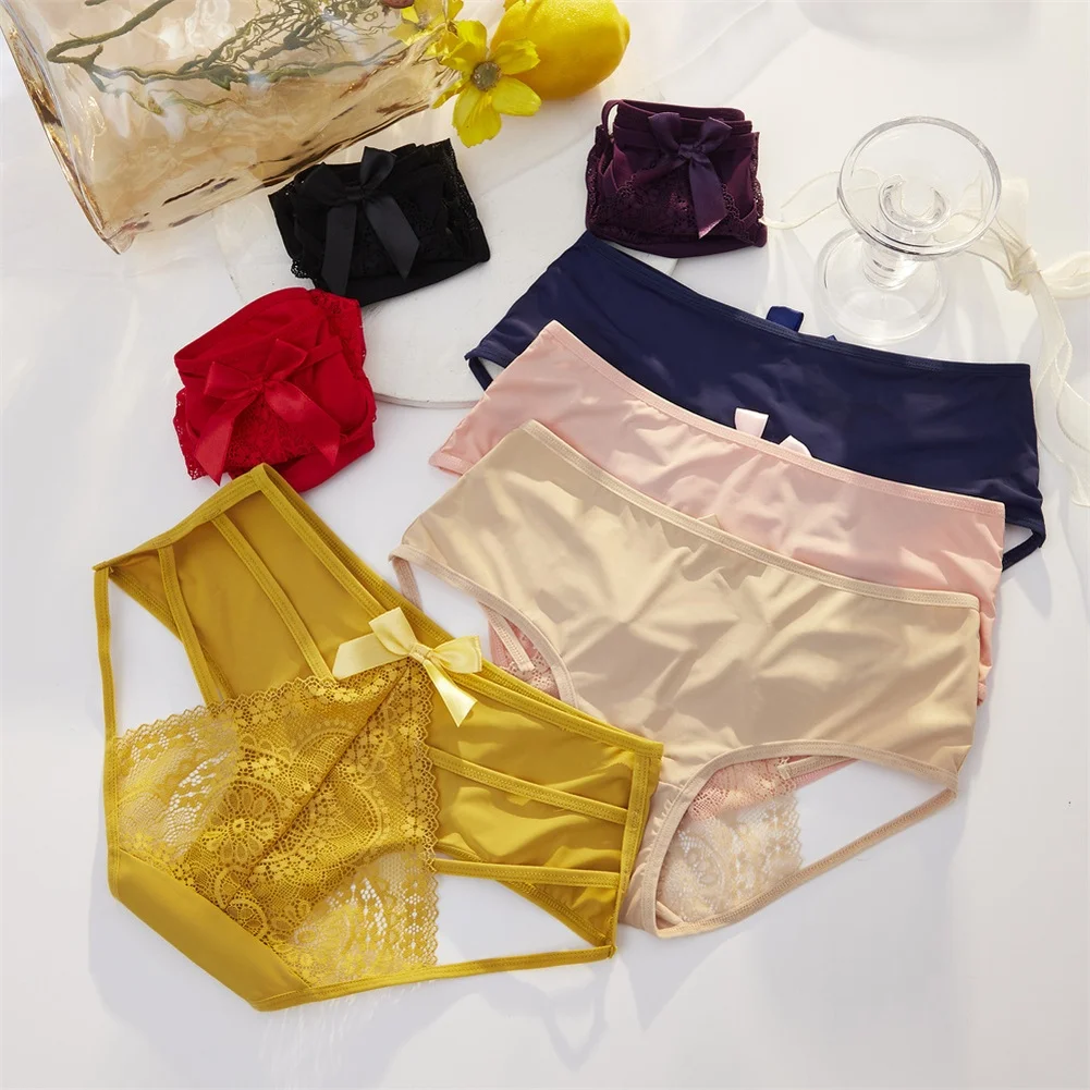 Women's Sexy Briefs Underwear Mid Rise Lace Hollow Bow Ice Silk Underwear Comfortable Lingerie Underpants