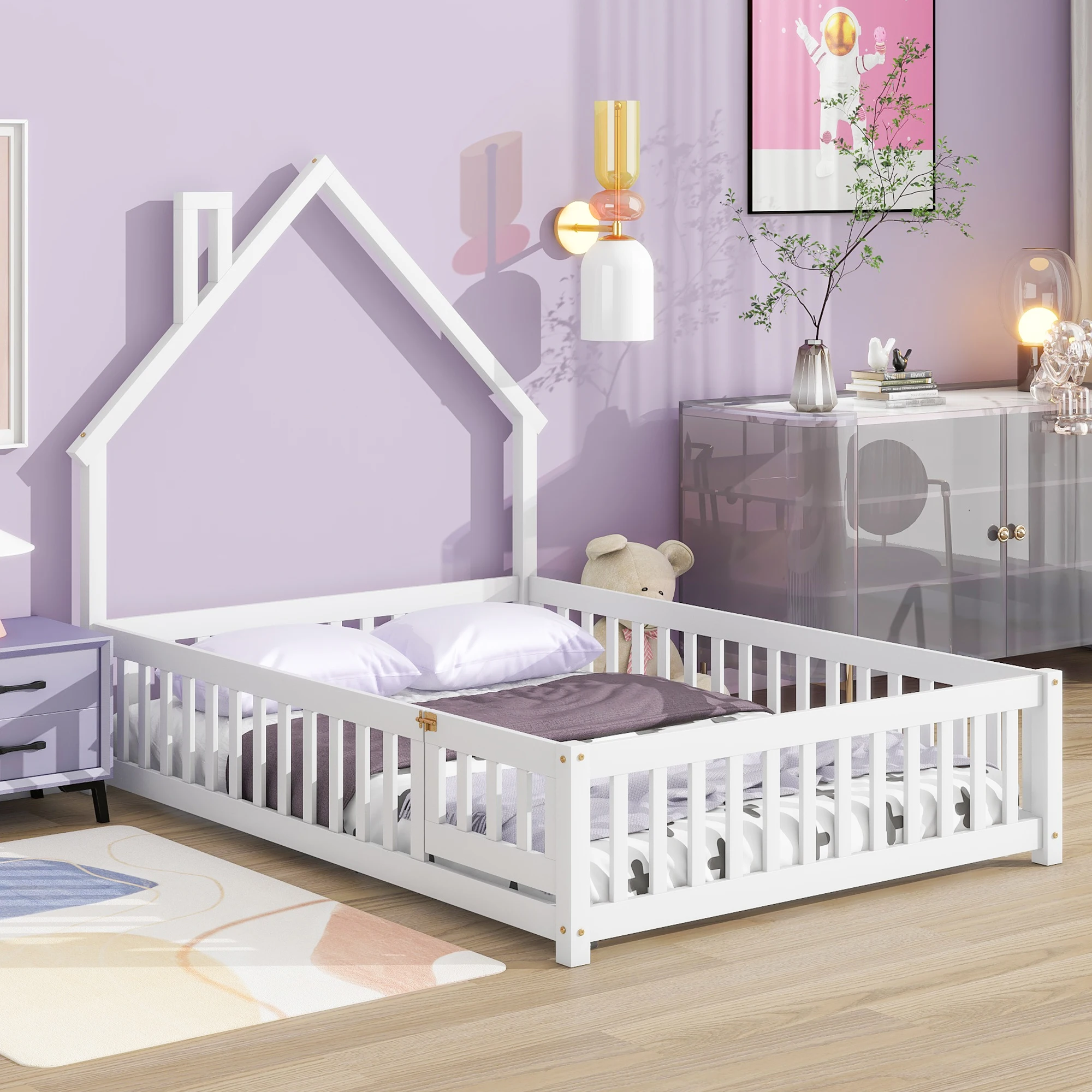 

Full Size Floor Bed with House-Shaped Headboard and Fence, White 78.20x60x64.80 in.