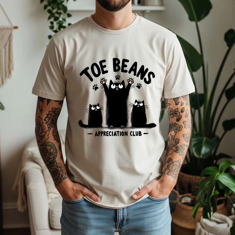 New Summer Men's 100% Cotton T-Shirt Toe Beans Appreciation Club Black Cat Casual Breathable Short Sleeve