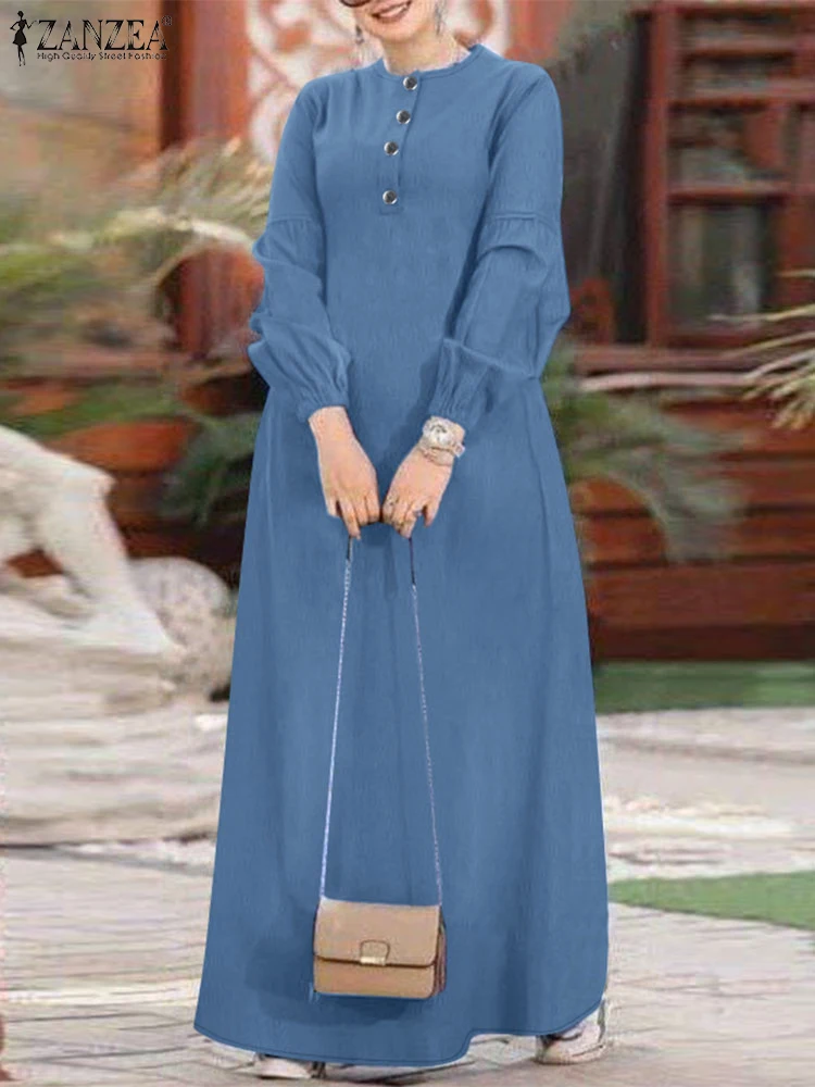 ZANZEA-maxivestido islámico para vacaciones, azul vaquero, holgado, informal, manga acampanada, medio botón, Abaya, Hijab, cuello redondo, Vestidos musulmanes para mujeres