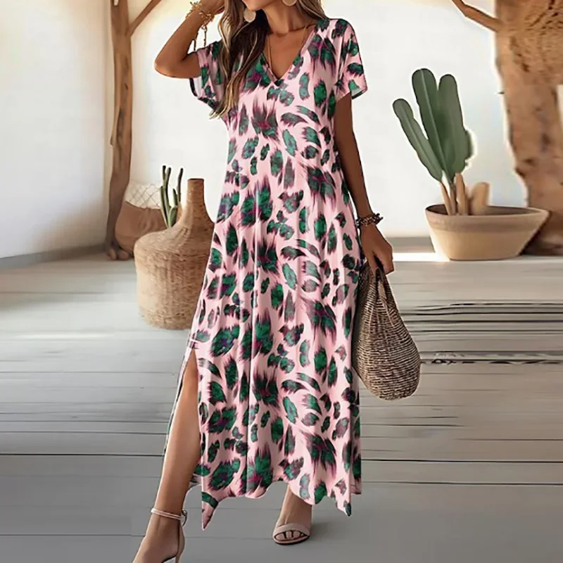 Summer Maxi Dresses For Women Casual Short Sleeve Vintage Print Long Dress Women Loose Beach Party Dress Boho