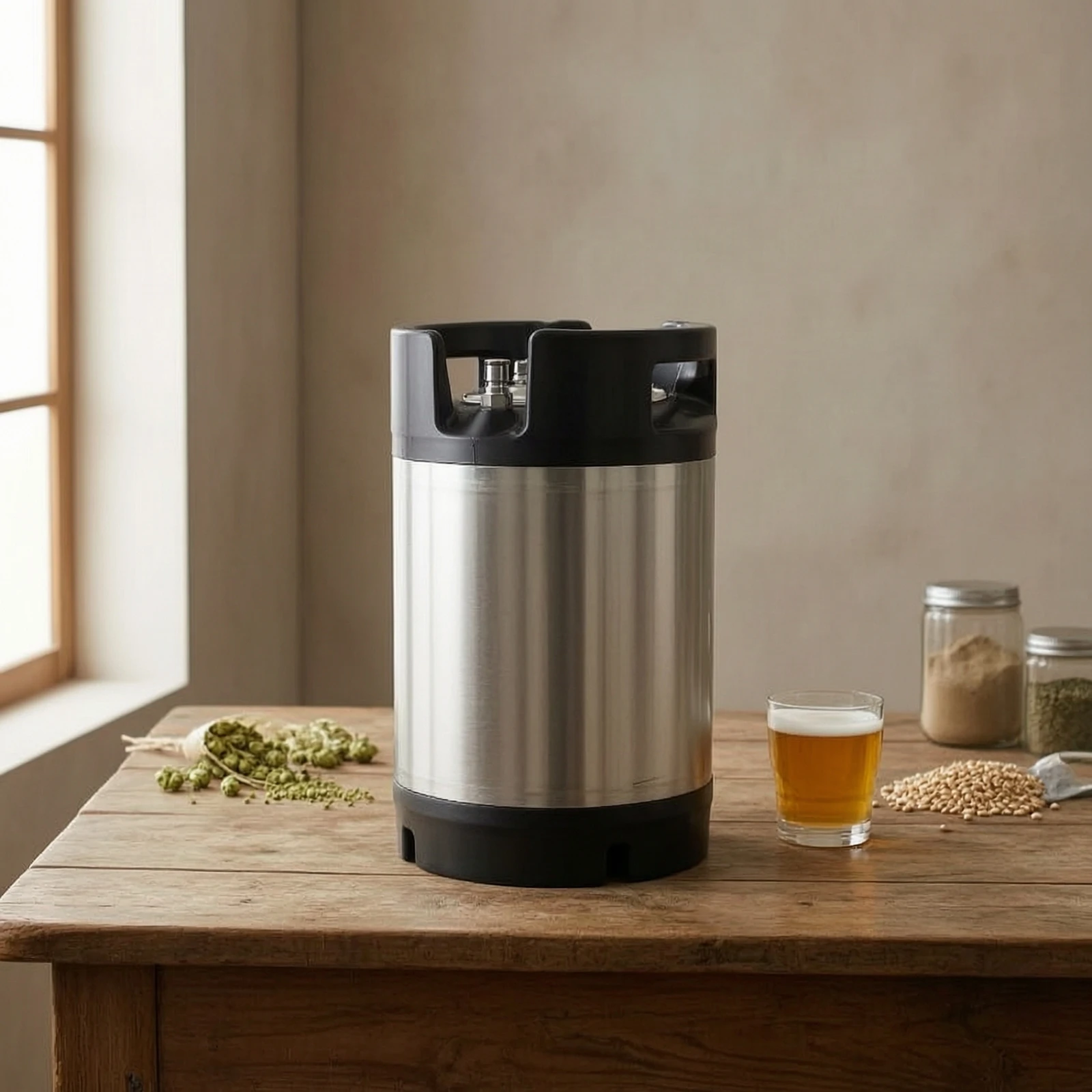 Beverage Keg with Rubber Handles Sanitary Welded Corny Keg Container Pressure-Rated Vessel Sturdy for Homebrewers, Home Brewing
