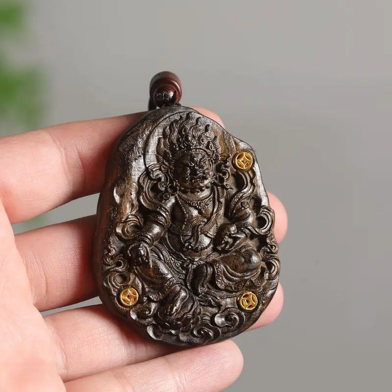 wood carving "No Worries" amulet with yellow wealth god inlay, craft art piece, agarwood pendant, hanging ornam