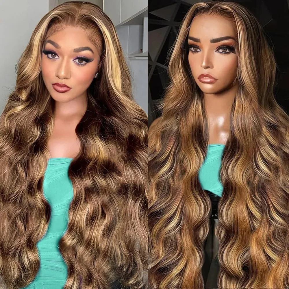

13x6 HD Парик из натуральных волос на кружеве Highlight Body Wave P4/27 Медовый блондин Ombre Коричневый 13x4 Парики на фронтальной части шнурка для чернокожих женщин