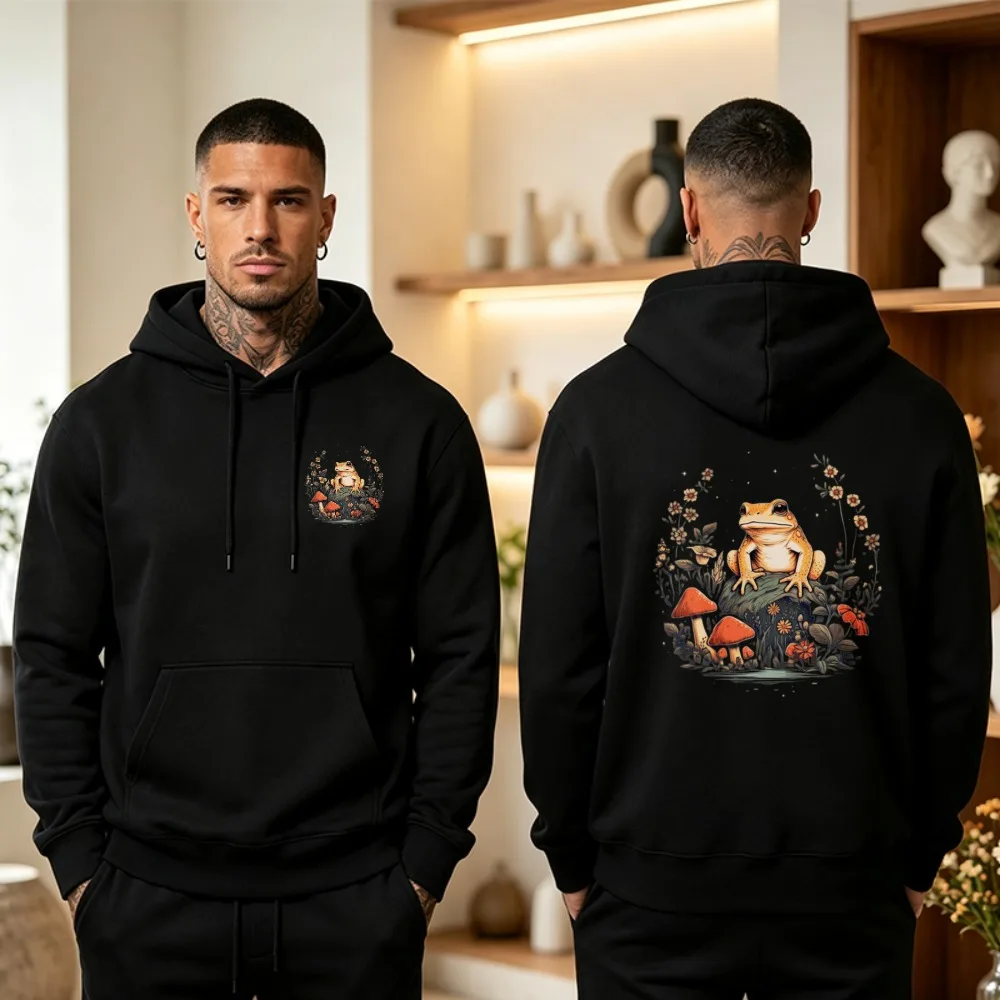 Vintage Cottagecore Frog Mushroom Floral Graphic Hoodie Men Women Wild Botanical Aesthetic Front & Back Print Hooded Sweatshirt
