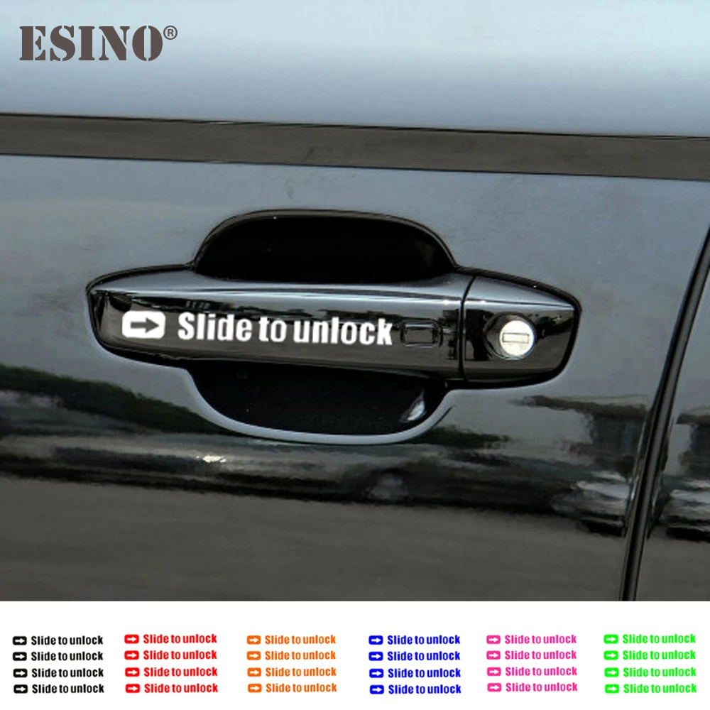 4 x Funny Creative Car Styling Door Handle Stickers Slide to Unlock Decorative PVC Carving Waterproof Decal Pattern Vinyl Film