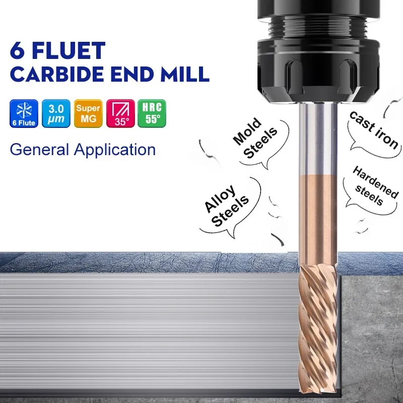 XCAN CNC Milling Cutter 6 Flute Carbide End Mill HRC 55 TiCN Coated CNC Router Bit Spiral Milling Tool 4-16mm