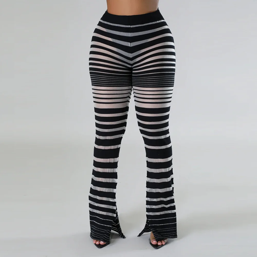 

Mesh Patchwork Knitted Casual Flare Pants Women Sexy High Waist Stretch Slim Streetwear Bottoms Fashion All Matching Trousers