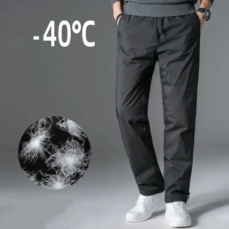 

Men's White Goose Down Pants Warm High Waist Middle-aged Trousers Outdoor Camping Working Sports Trekking Tooling Cargo Clothes