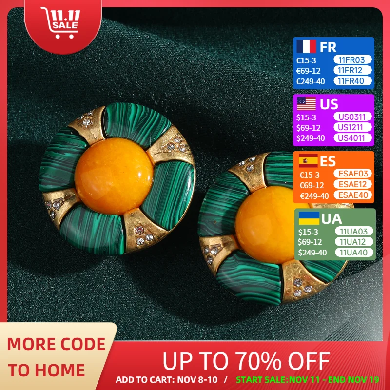 

Vintage Malachite Round Stud Green Earring Gold Color Yellow Natural Stone Luxury Jewelry Party For Women Thanksgiving 2025 New