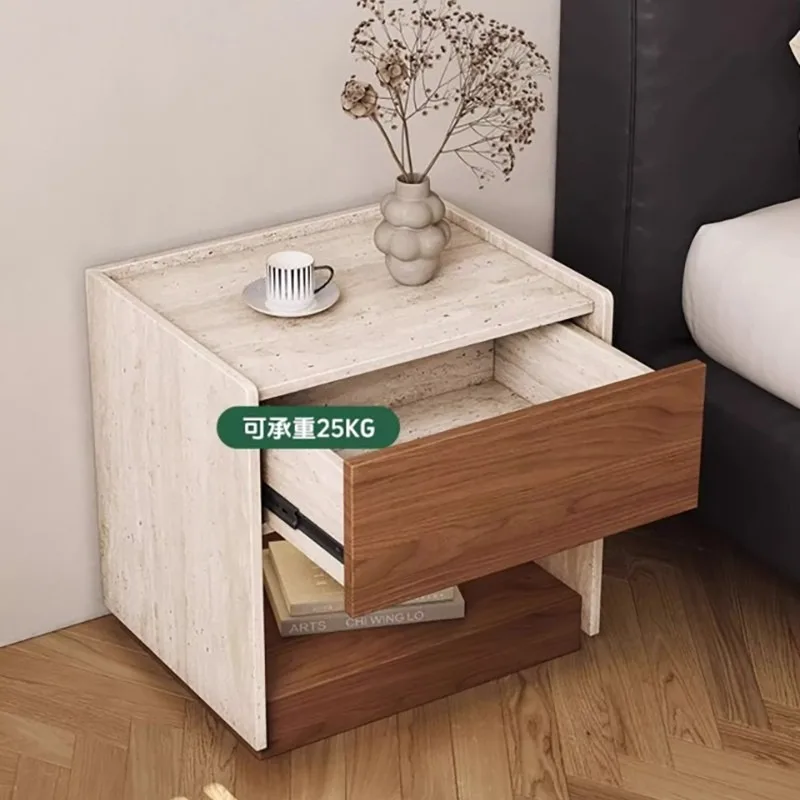Italian travertine walnut pattern bedside table is surprising, retro style, Italian light luxury smart light light new solid woo