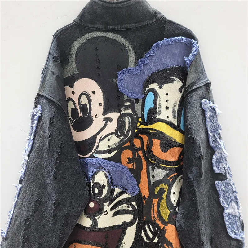 Autumn Loose Mid-Length Cartoon Top Heavy Industry Stand Collar Vintage Distressed Sweatshirt Jacket Long Sleeves Zipper Coat