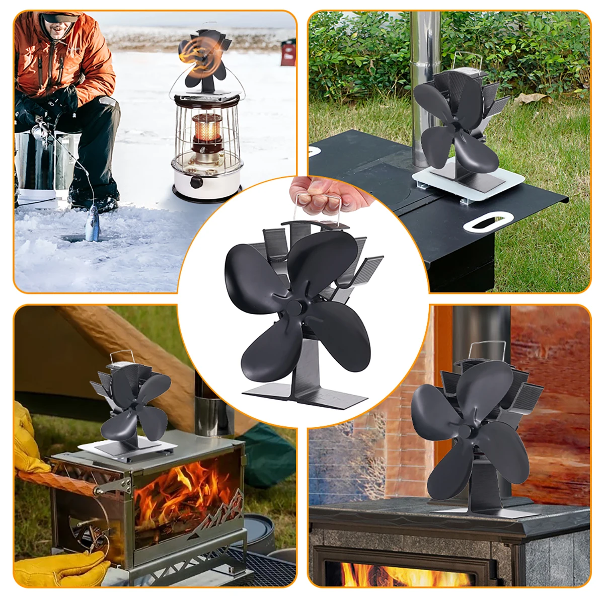 مروحة موقد الطاقة الحرارية ذات 4 أوراق، نموذج حرق الخشب البيئي، مروحة مدفأة صامتة، تسخين شتوي، تبديد كفاءة للحرارة