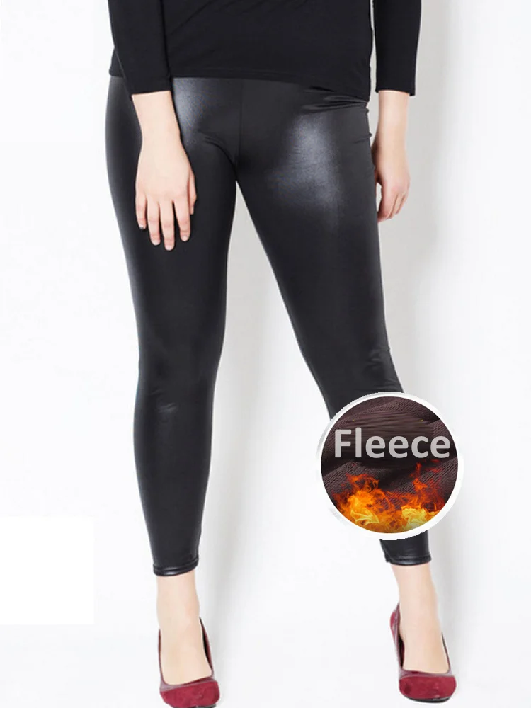 Womens Thermal Fleece Leggings Sexy PU  Faux Leather Leggin Stretchy  Large Winter Soft Warm Plus Size