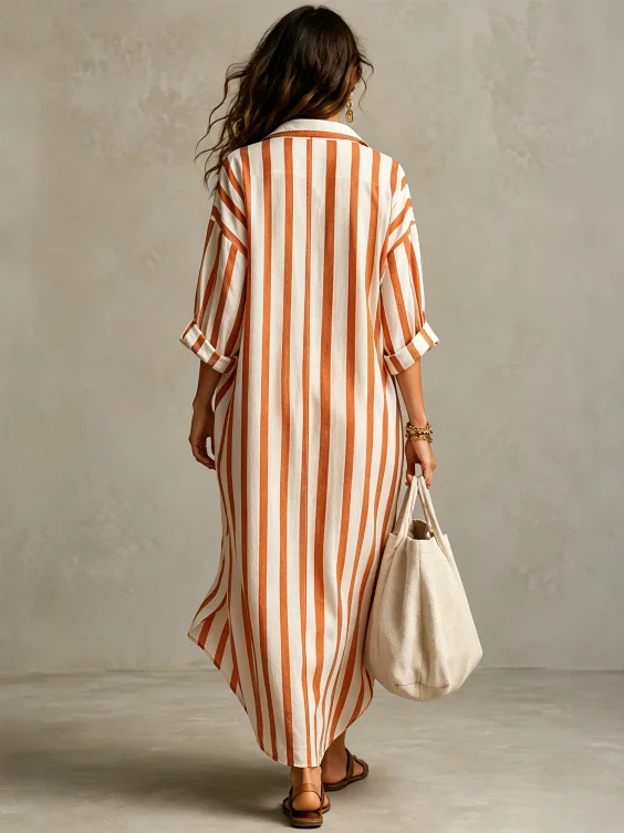 Damen Langes Gestreiftes Hemdkleid V-Ausschnitt Locker Lässig Sommer Urlaub Mode Europäischer und Amerikanischer Grenzüberschreitender Stil – Detail 5