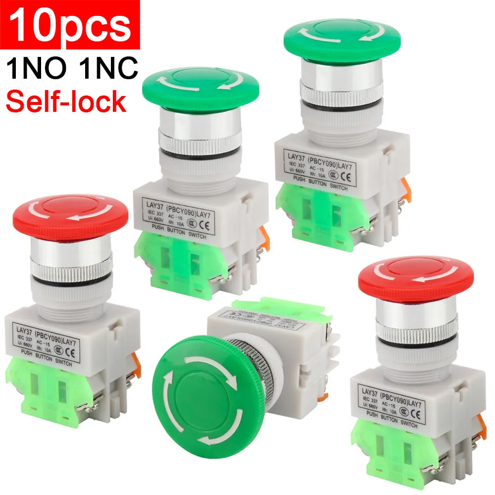 

10 шт. LAY37-11ZS самоблокирующийся Y090-11ZS 1NO 1NC DPST кнопочный переключатель аварийной остановки переменного тока 660 В 10A переключатель красный грибной колпачок