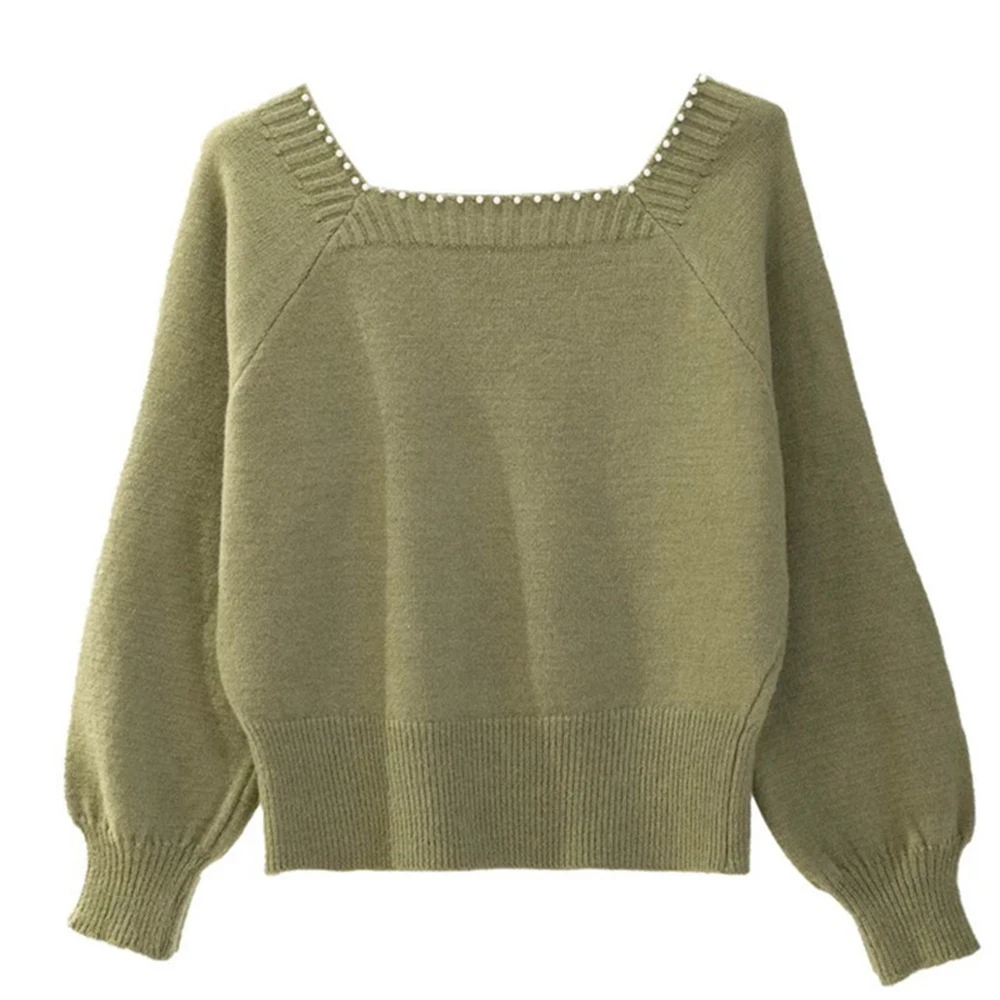 Women's Knitted Solid Sweater Autumn Square Beading Collar Pullover Raglan Sleeve Threaded Hem Casual Versatile Female Tops