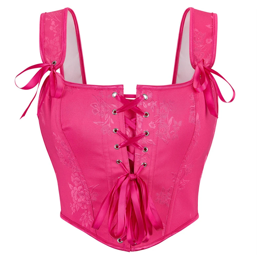 

Vintage Lace Up Corset Camisole Bustier Crop Tops Women Rose Red Jacquard Steampunk Body Shaper Корсет Lingerie Gothic Costume