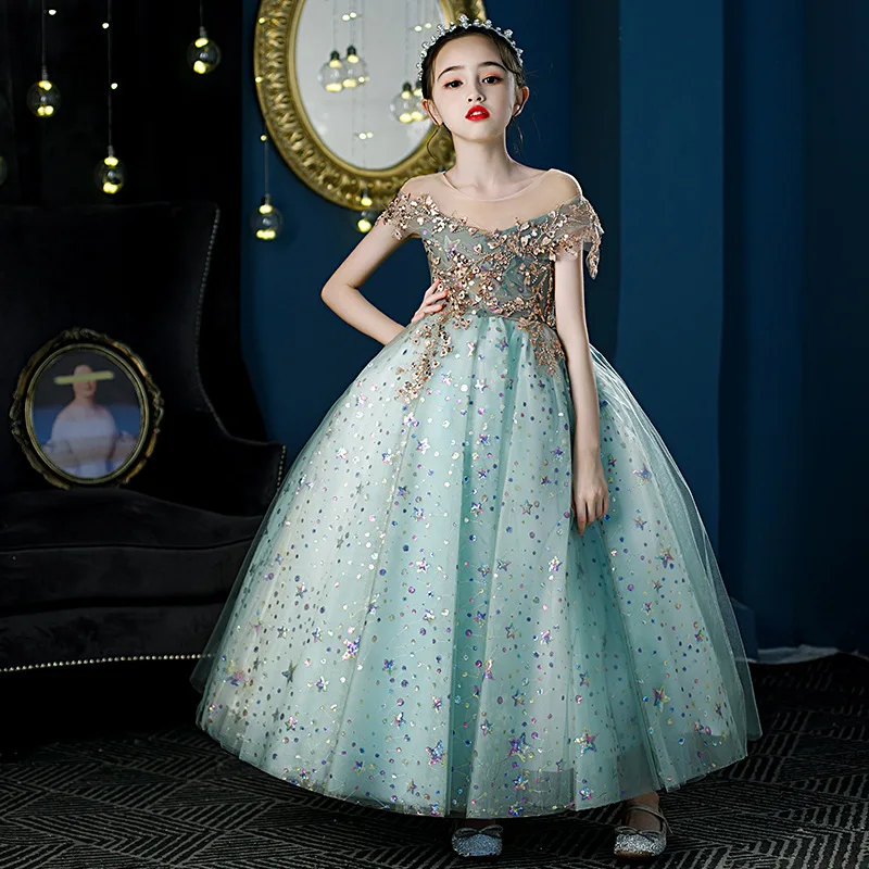 Child Girls Evening Dresses for Wedding Party Formal Prom Long Dress Cute Fluffy Tulle Star Ball Gown Kids Ceremony Guest Frock