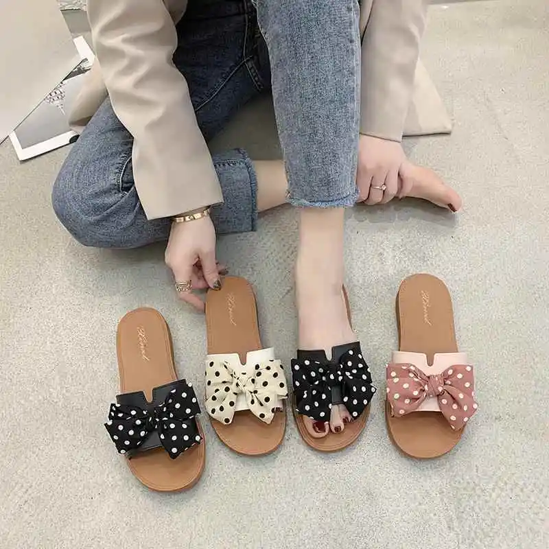 

Women's Fashionable Knot Flat Sandals Summer Holiday Beach Shoes Slip-On Anti-Slip Low Heel Korean Style Canvas Shoes