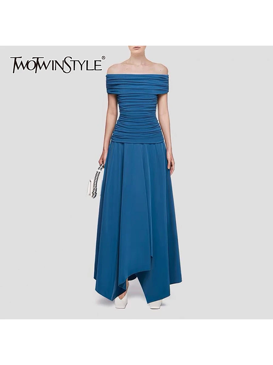 TWOTWINSTYLE Elegant Patchwork Folds Dresses for Women Slash Neck Off Shoulder High Waist A Line Solid Dress Female Fashion New
