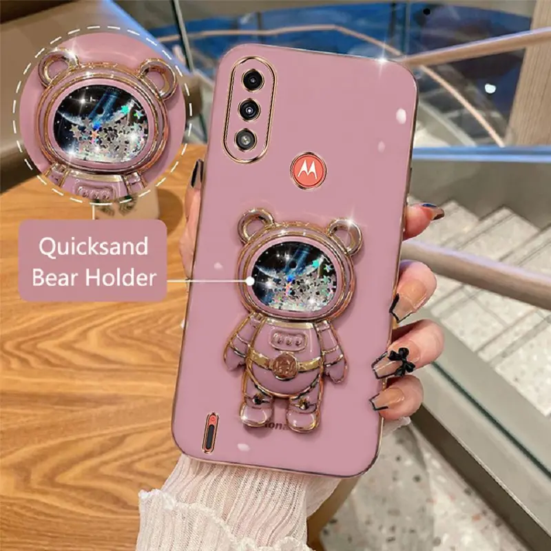 Phone Case For Motorola Moto E7 Power Motorola E7 Power Soft Silicone Luxury Plating Cartoon Bear Fold Stand Phone Case Cover