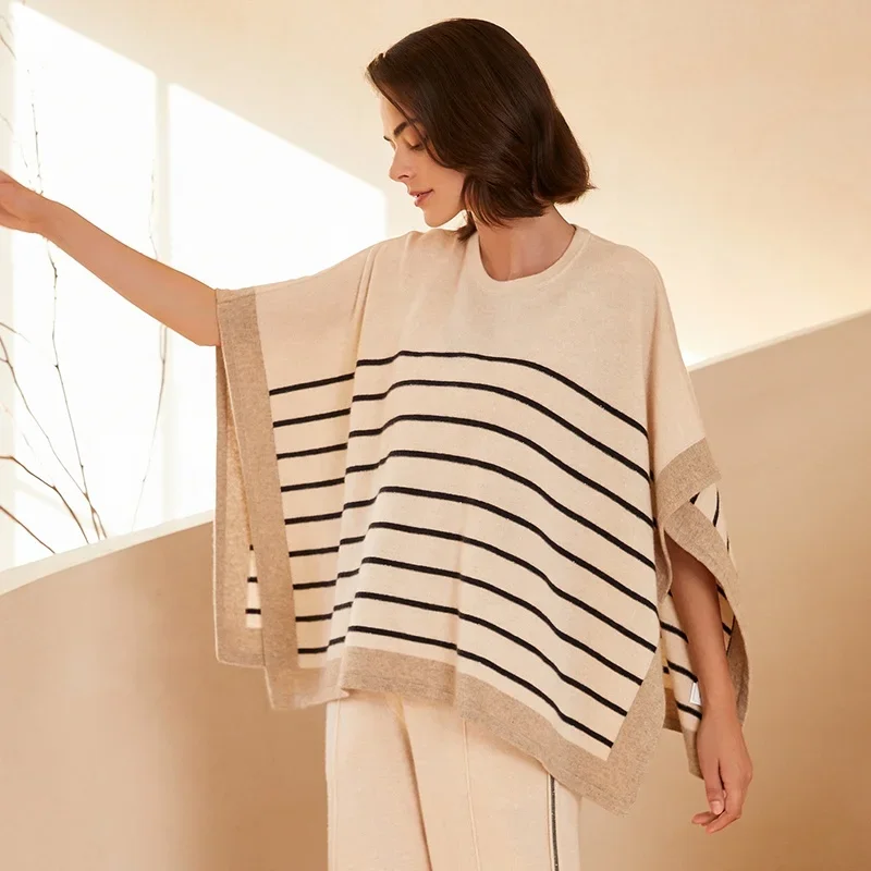 

23BC-228 12GG 100% Cashmere Pashmina Clothes Women's Knitted Loose Striped Knitted Shawls For Women