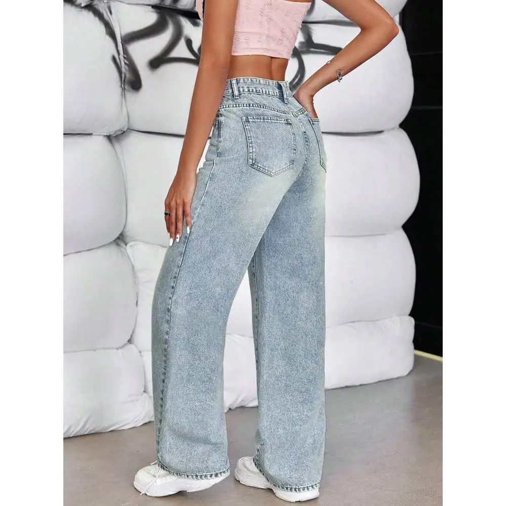 

Everbright E-commerce Cross-border Summer New American Straight-leg Jeans High-waist Cotton Casual Sle Blue Color